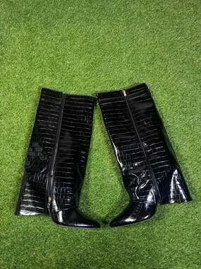 Fashion Nova Windy Crocodile Embossed Wedge Knee High Boots - Black